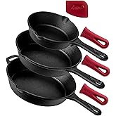 Cuisinel Cast Iron Skillets Set - 3-Piece: 6" + 8" + 10"-Inch Chef Frying Pans - Pre-Seasoned Cookware + 3 Silicone Handle Co