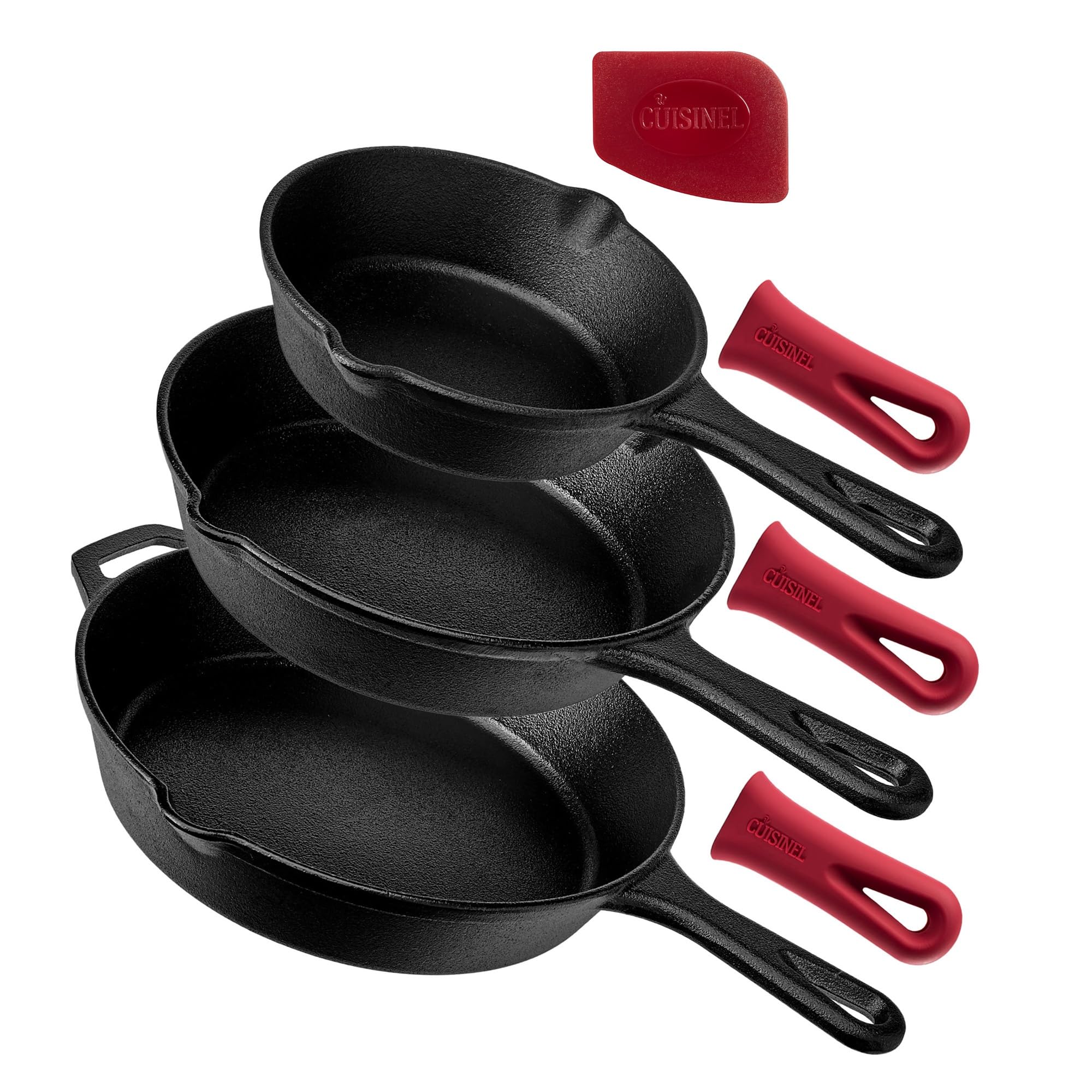 cuisinel Cast Iron Skillet Set - 6"+8"+10" / 15.24cm+20.32cm+25.4cm + 3 Silicone Handle Holders - Pre-Seasoned Oven Safe Cookware - Indoor/Outdoor - Grill, Stove Top and Induction Safe