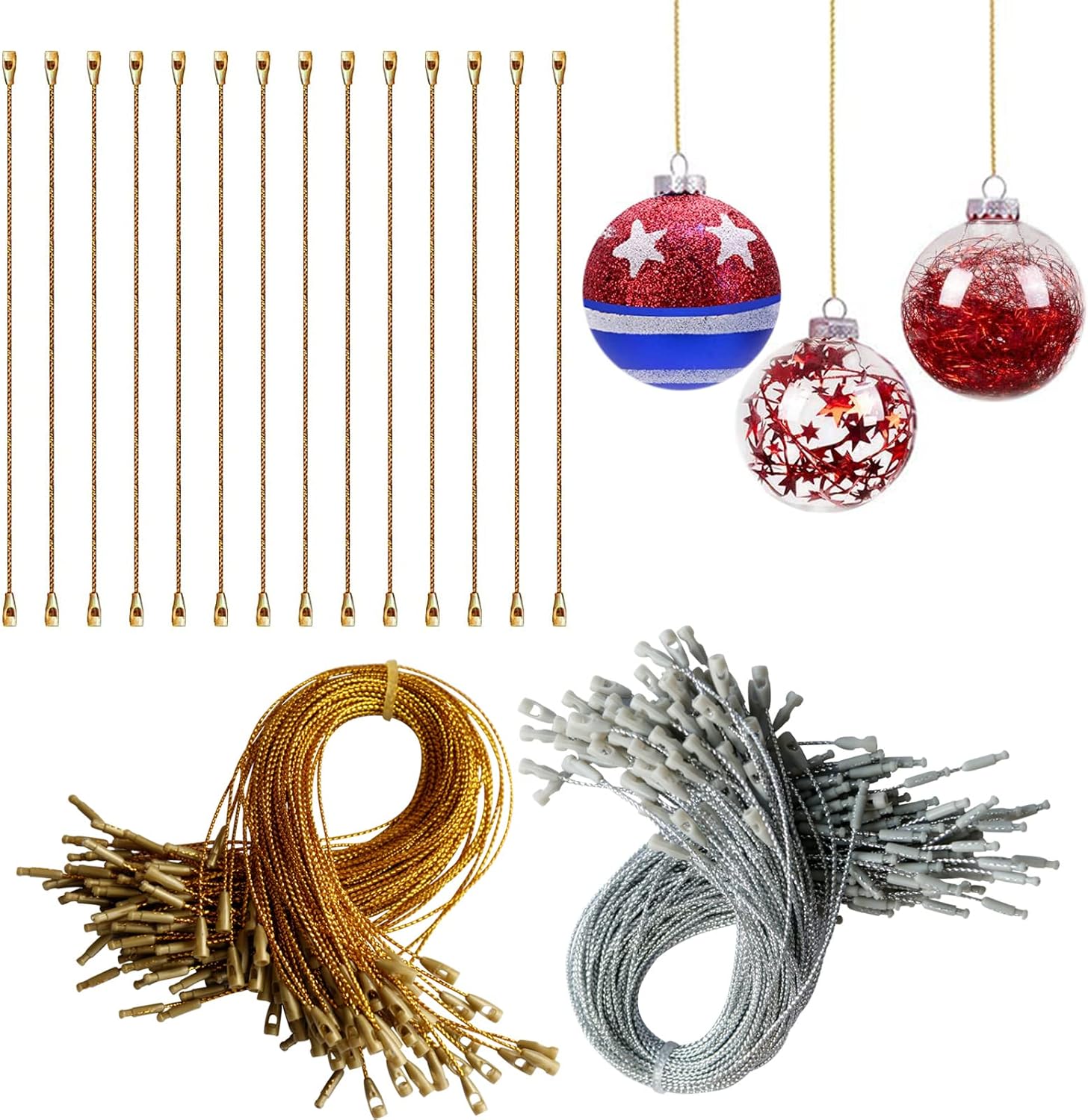 Ornament Hooks - 200Pcs Silver&Gold Ornament Hooks Ornament Hangers Ribbon Ornament String with Snaps Precut String Hangers Snap Fasteners Rope Hooks for Halloween Christmas Ornaments Price Tag Crafts Gift Tag