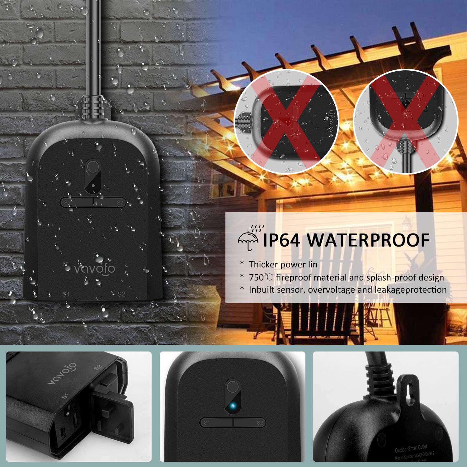 VAVOFO Outdoor Smart Plug, WiFi Outlet with 2 Sockets, Compatible with Alexa Google Home, IP44 Waterproof, Wireless Remote Control Timer & Countdown by Smartphone APP: Industrial & Scientific