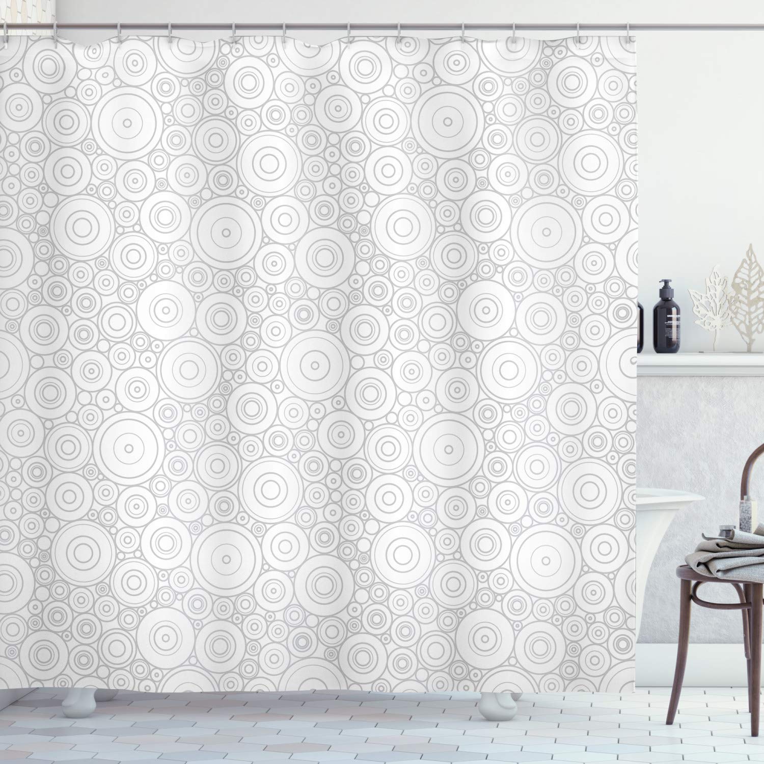 ABAKUHAUS Grey Shower Curtain, Different Sized Circles and Rounds Simple Geometric Style Graphic Print Shabby Home, Cloth Fabric Bathroom Decor Set with Hooks, 86 Inches Extra Long, Grey White