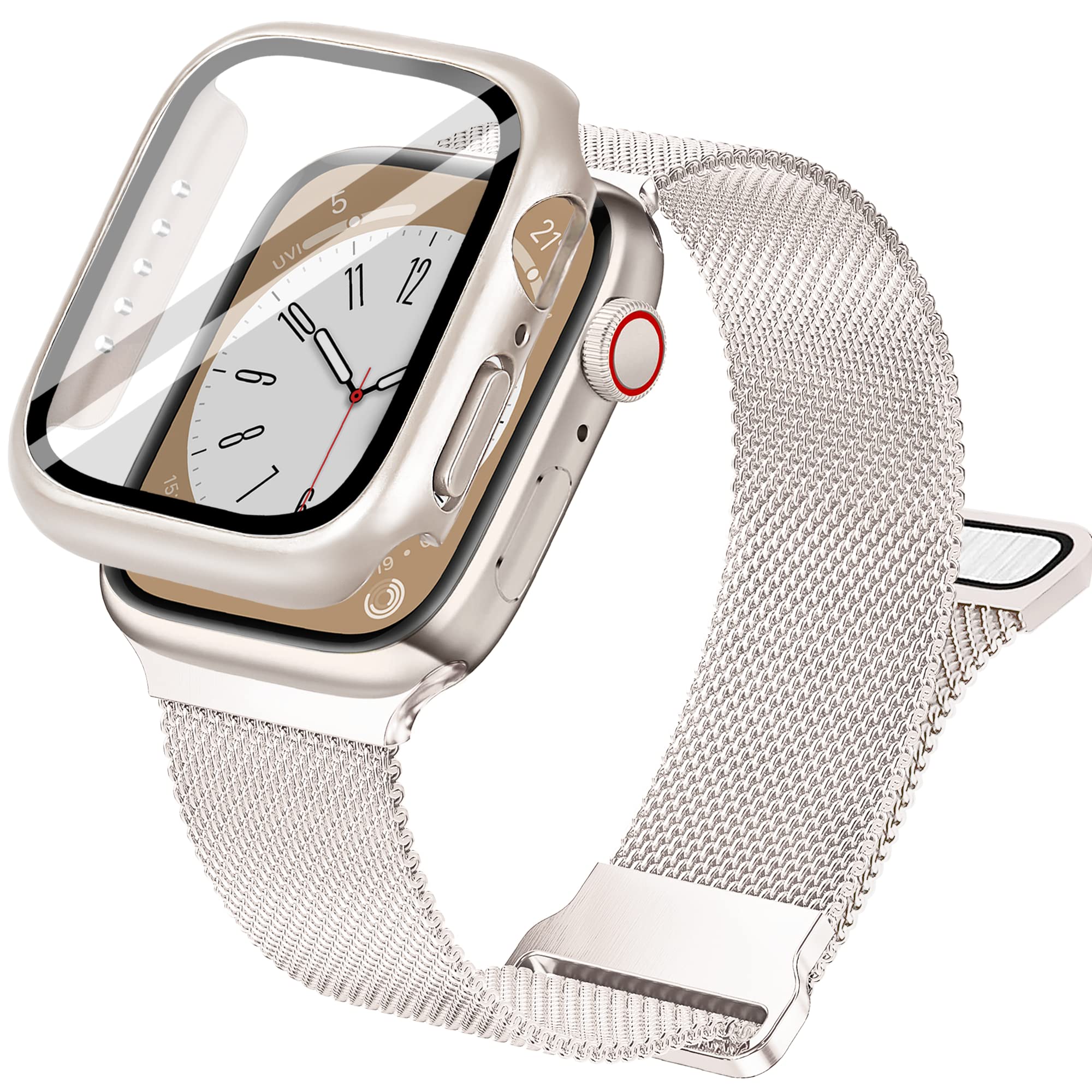 Vamyzji Compatible with Apple Watch Strap and Case with Screen Protector, Magnetic Milanese Mesh Metal iWatch Strap Women Men for 41mm Apple Watch Series 9 8 7,Starlight