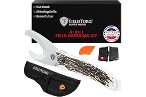 FieldTorq Field Dressing Kit | 4-in-1 Super Tool with Sheath & Sharpener | Skinning Knife for Hunting | Gut Hook | Deer Hunting Knife Set | Stag