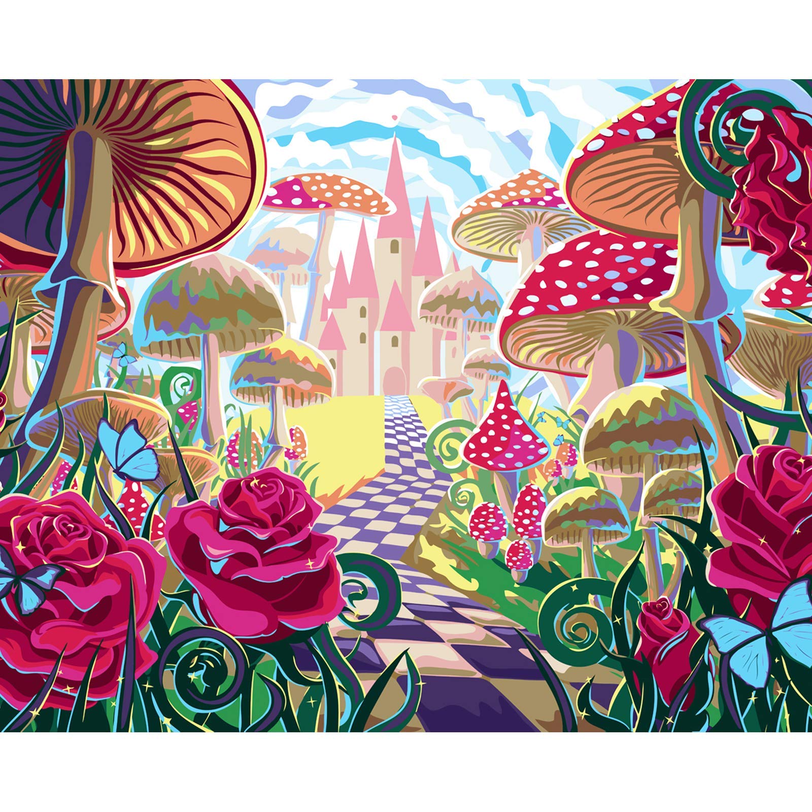 Mtele DIY Paint by Numbers, Canvas Oil Painting Kit for Adults, Drawing Paintwork with Paintbrushes, Acrylic Pigment-Mushroom Castle