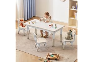 DOREROOM Toddler Table and Chairs Set for 4, 47.2''L x 23.6''W Kids Study Table and Chair Set, Height-Adjustable, Graffiti Desktop, Children Activity Table for Daycare, Classroom, Home