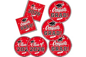 Class of 2026 Graduation Party Supplies - Serve 16 with Red Graduation Decorations Disposable Paper Plates and Napkins Set, f