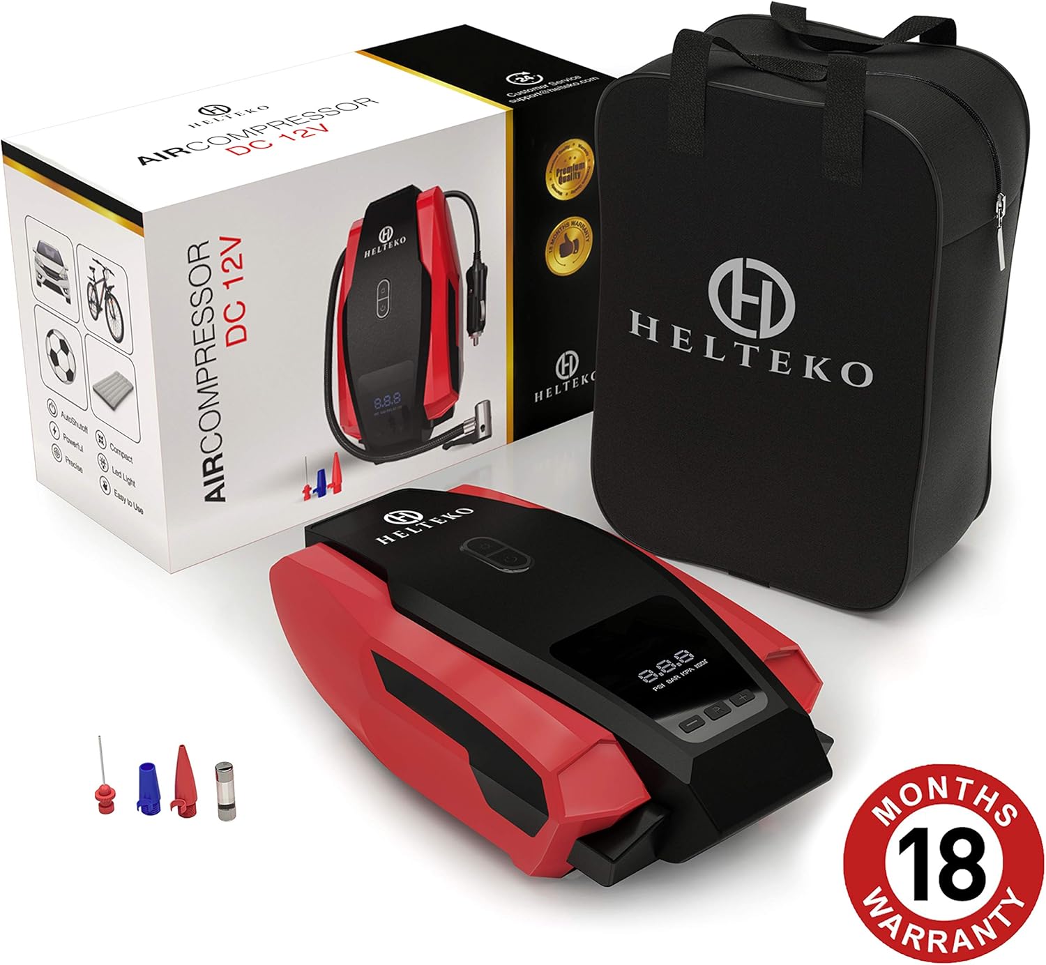 Helteko Portable Air Compressor Pump 12V DC - Digital Tire Inflator - Auto Tire Pump with Emergency Led Lighting and Long Cable for Car - Bicycle - Motorcycle - Basketball and Other: Automotive