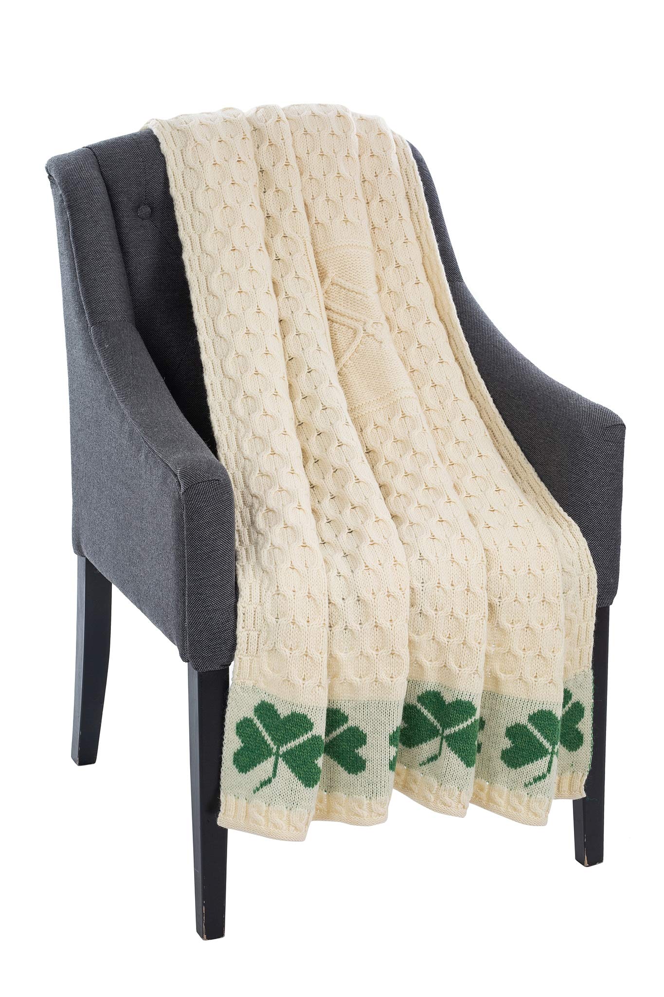 SAOL 100% Merino Wool Shamrock Aran Throw Irish Blanket Cable Honeycomb Knit 58" x 40" (147 x 102 cm)