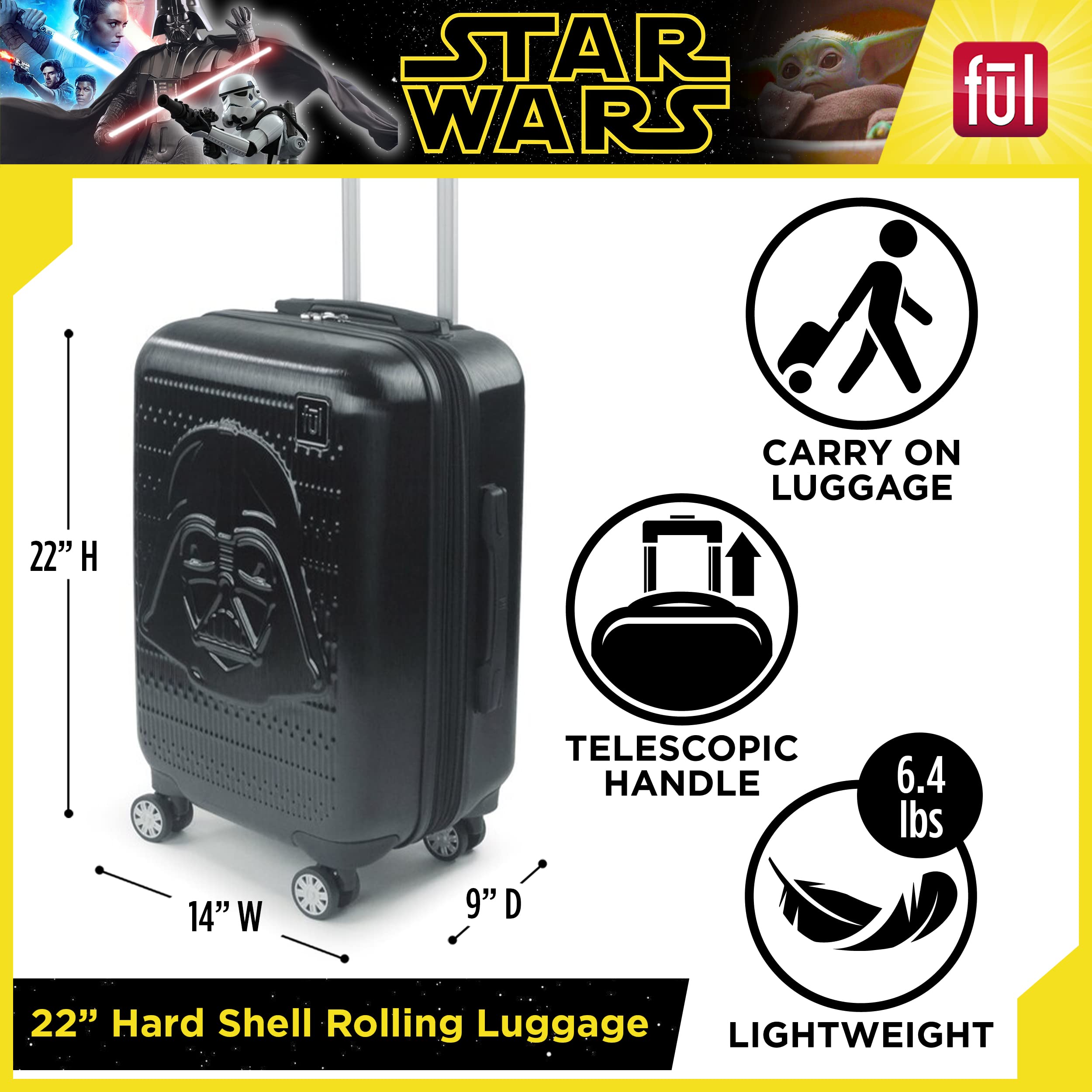 FUL Star Wars Darth Vader Rolling Luggage, Embossed Hardshell Carry On Suitcase with Wheels, Black, 22 Inch