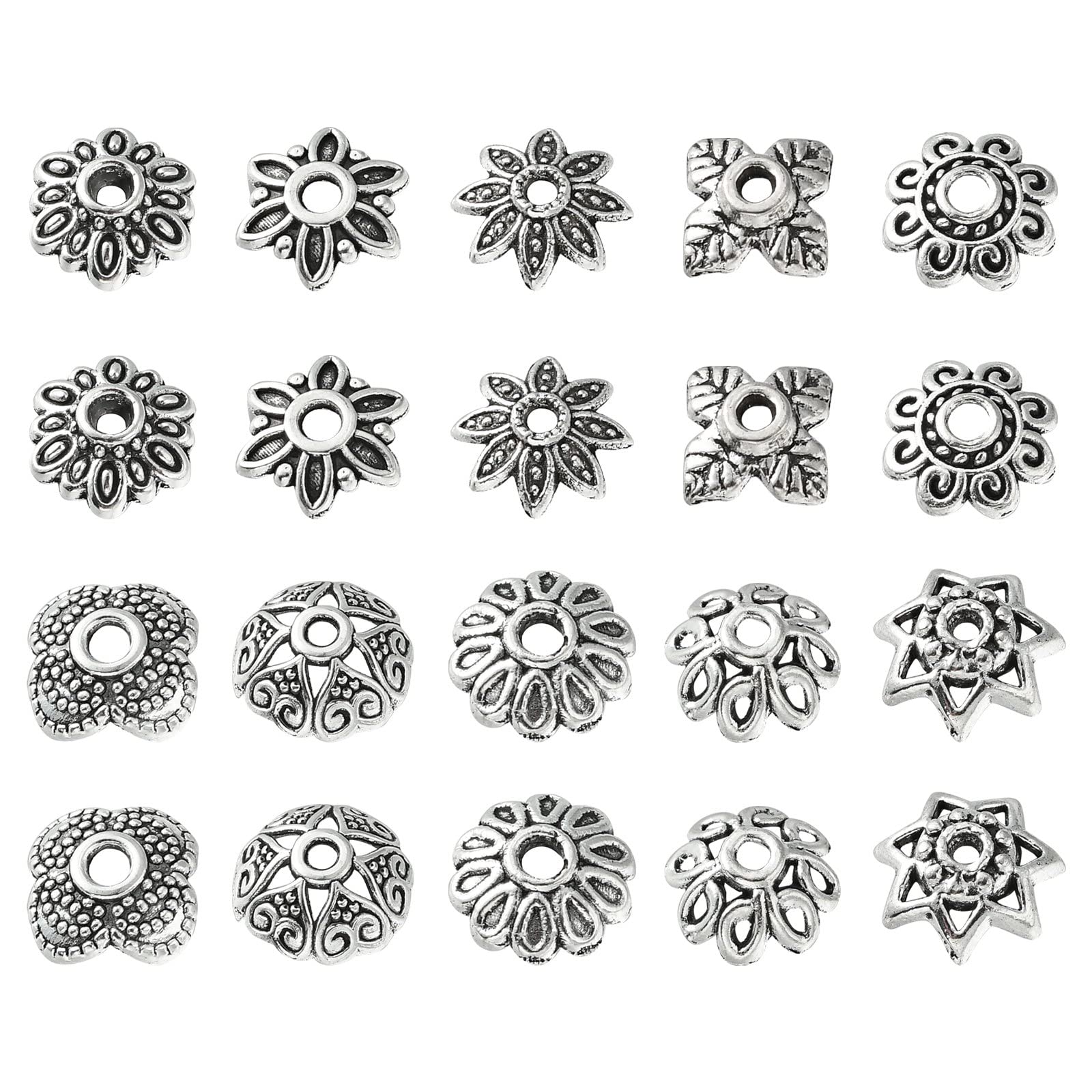 UR URLIFEHALL 200 Pcs 10 Styles Tibetan Silver Flower Bead Caps Antique Silver Floral Spacer End Caps for Jewellery Making DIY Crafts — image 1