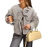 Tankaneo Womens Plaid Quilted Jackets Tie Front Lightweight Cropped Jacket Ruffled Puffer Padded Coat with Pockets