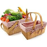 Seuqhck 2 Sizes Picnic Basket, 16 in Woodchip Basket with Double Folding Handles,Woven Basket with Removable Red and White Liner for Storage, Egg Gathering, Wedding, Camping, Outdoor