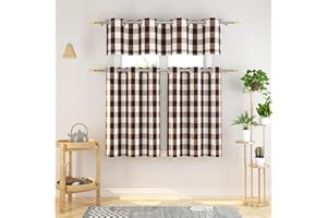 NATUS WEAVER 3 Pieces Tier Curtains and Valance Set Buffalo Check Kitchen Tiers Plaid Gingham Grommet Top Classic Short Small Cafe Curtains Country Farmhouse Cafe Bathroom 54"x18"/32"x24" Brown & White