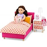 Emily Rose 18" Doll Pink Fabric Bed with Nightstand | Charming set includes a real working Lamp &amp; Alarm Clock, 4-Piece Bedding, 2 storage drawers and magazine