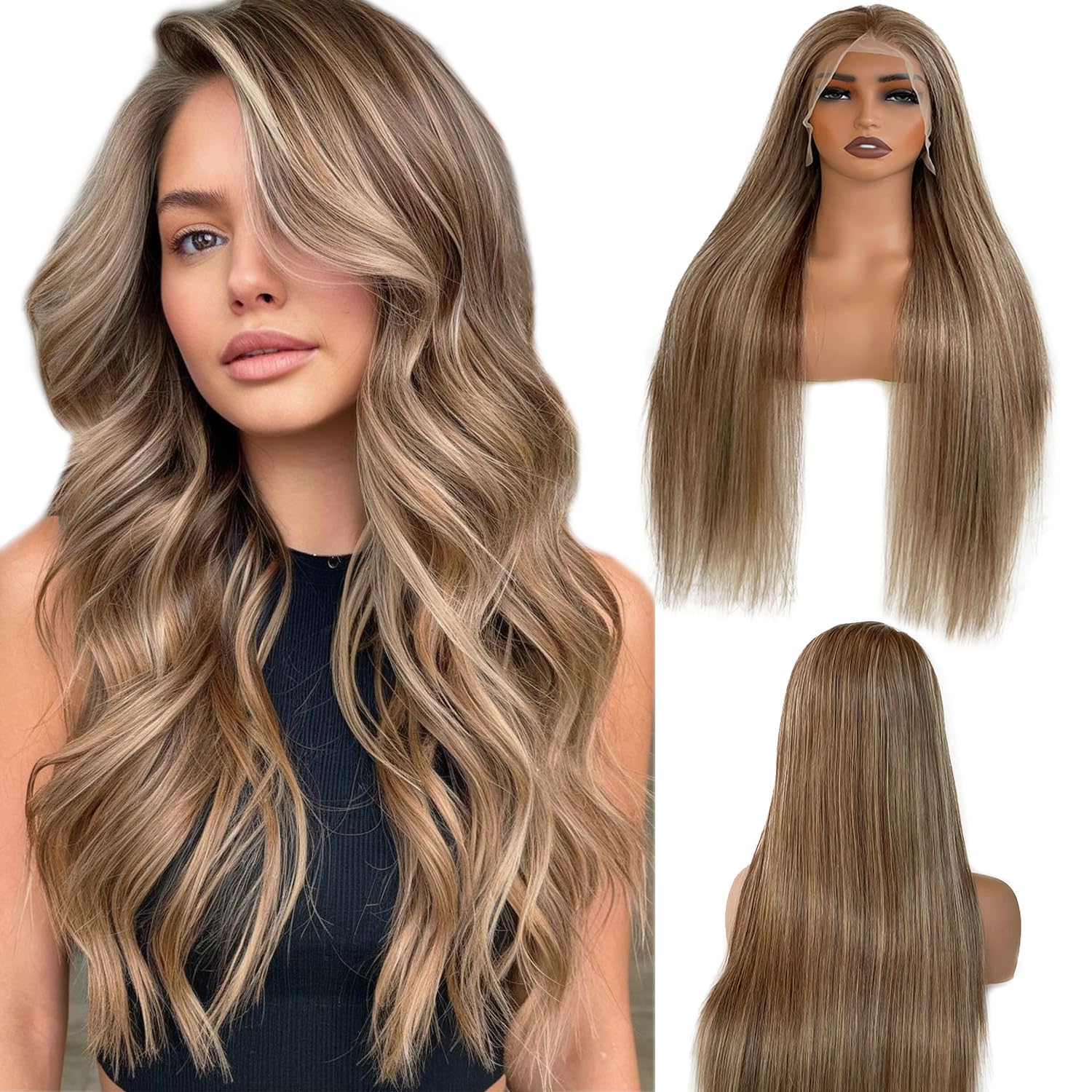 Photo 1 of Benafee 30 Inch Ombre Chocolate Brown with Ash Blonde Highlight Lace Front Wig Human Hair 13x6 HD Lace Frontal Wig Pre Plucked with Baby Hair with Brown Roots Straight Glueless Wigs for White Women
