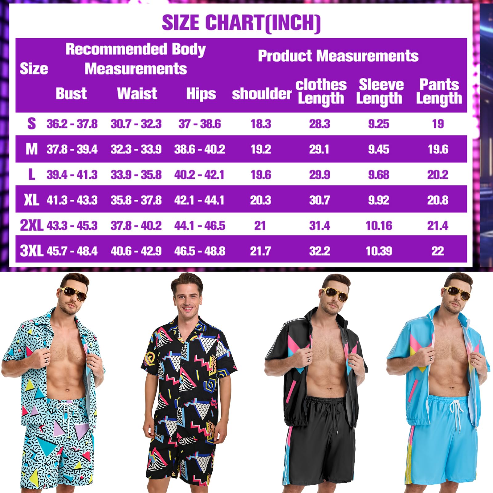 LYBOHO 80er 90er Jahre Outfit Herren,80er 90er Jahre Kostüm-Kurzarmjacke & Shorts-Set – für Halloween Karneval & Retro-Partys (Schwarz-Knopf, L) 7