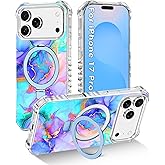 Shecaset for iPhone 17 Pro Case,[Compatible with MagSafe][Invisible Magnetic Ring Stand],Slim Iridescent Wavy Women Girls Case for Apple iPhone 17 Pro 6.3"(2025),All Blue Marble