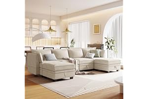P PURLOVE Modern Large Sectional Sofa, U-Shape Modular Sectional Sofa with Storage Function and 2 Pillows, Convertible Sofa Bed with Reversible Chaise for Living Room, Beige