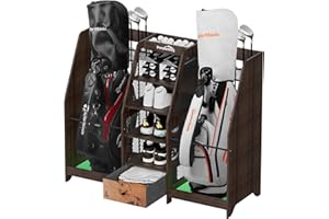 Ponsonbay Golf Bag Storage Organizer for Garage, Premium Wooden 2 Golf Bags Rack with Drawer, Easy Assemble Golf Club Stand/Holder Suitable for Garage Home Simulator and Office