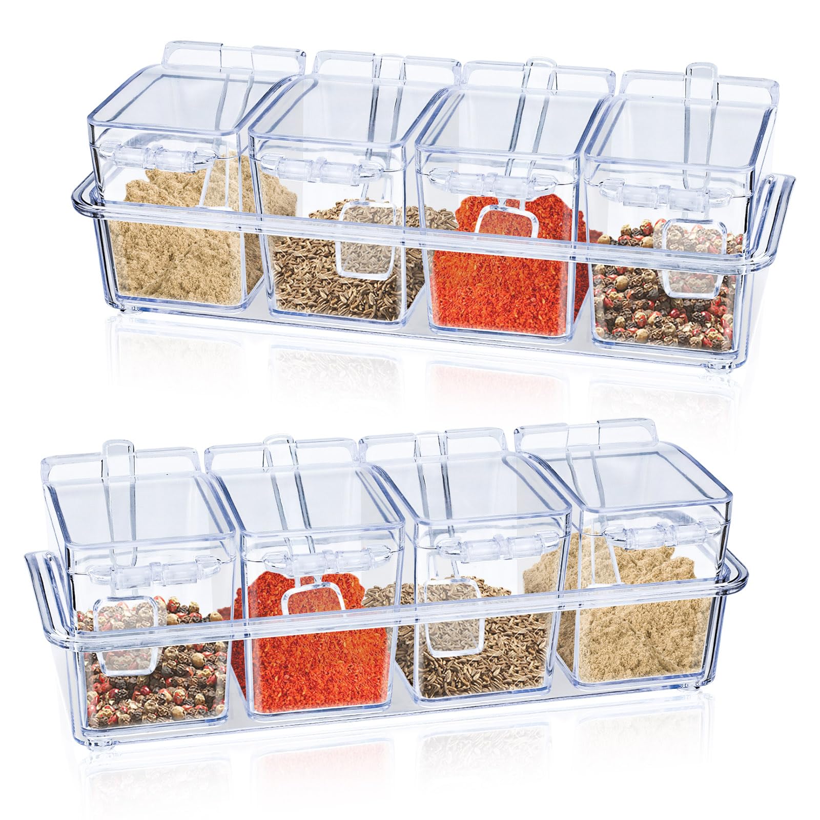 Photo 1 of 2Pcs Clear Seasoning Box, 8 Pieces Seasoning Rack Spice Pots, Plastic Toppings Containers with Lid, Spoons and Condiment Tray, Small Spice Jars for Salt, Sugar, Pepper (2Pcs)