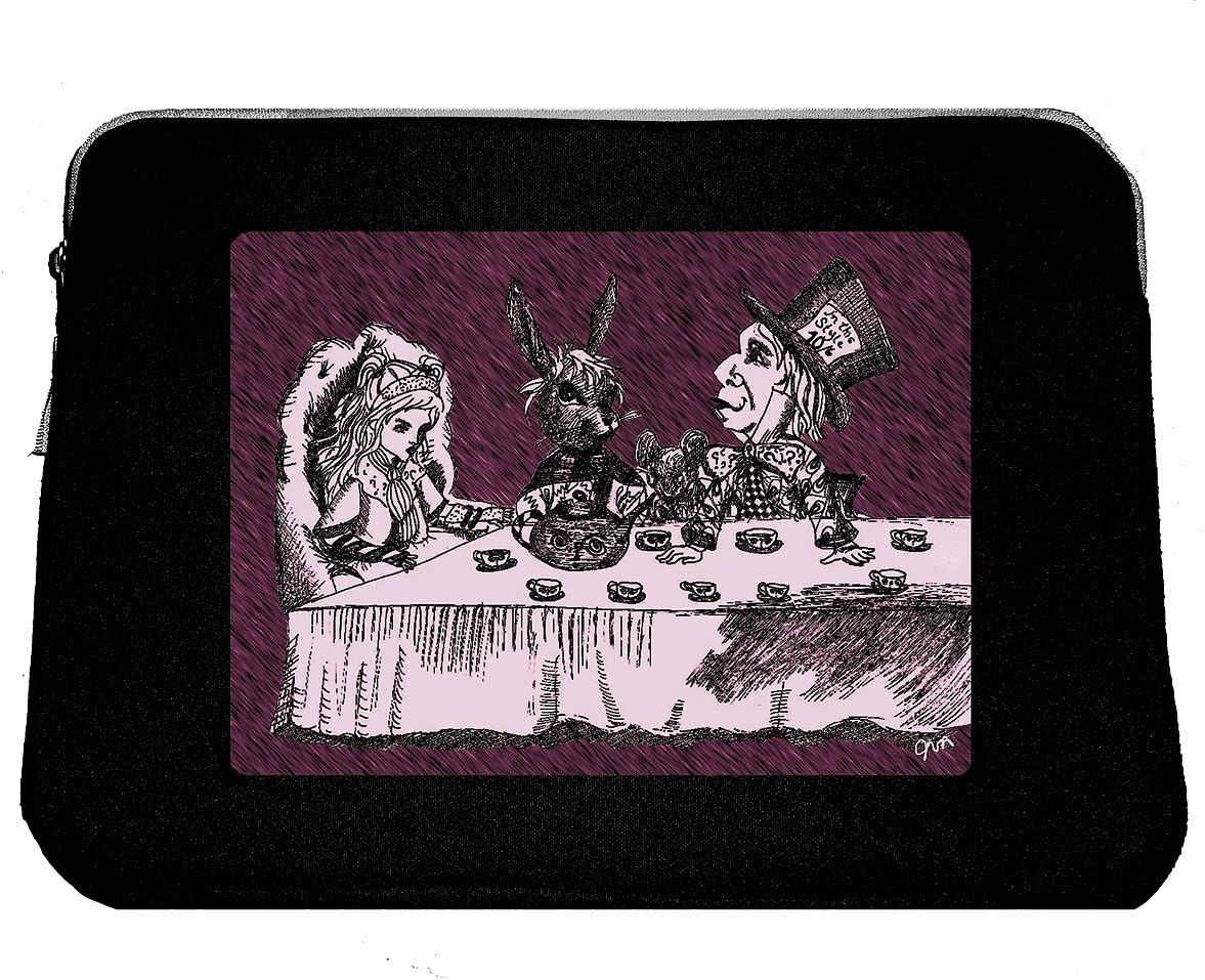 Whimsical Laptop Case Featuring Alice’s Tea Party on Maroon Background– Handcrafted