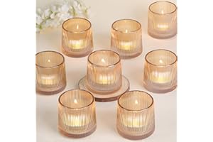 DARJEN Gold Ribbed Tealight Votive Candle Holders Set of 10- Tea Light Candle Holders Glass for Table Centerpiece, Votive Candle Holders for Home, Wedding & Fall Decor