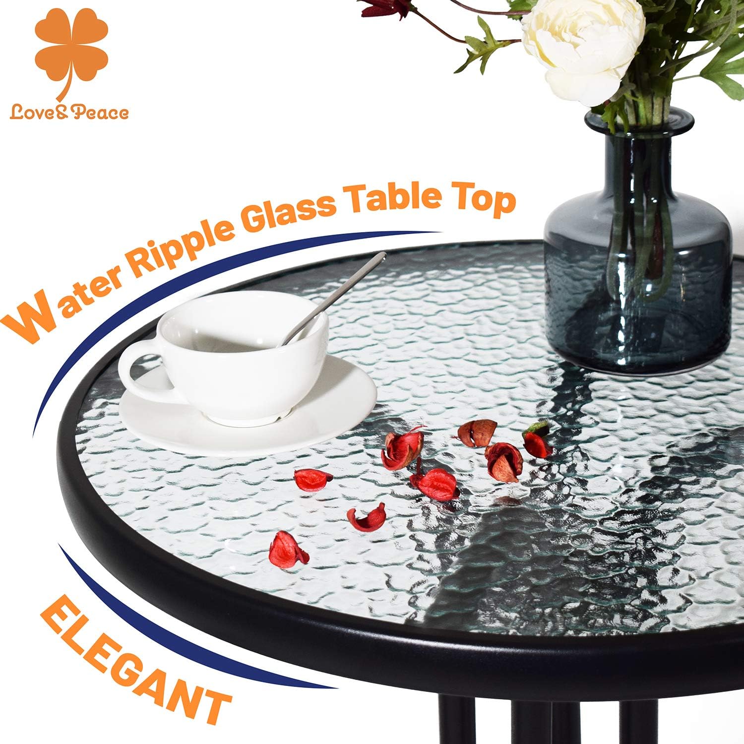 Love & Peace 24" x 24" Outdoor Bistro Table Metal Round Patio Side Table Outdoor Coffee Table Furniture Garden Backyard Dining Table, W/Elegant Water Ripple Glass Table Top, Black: Kitchen & Dining
