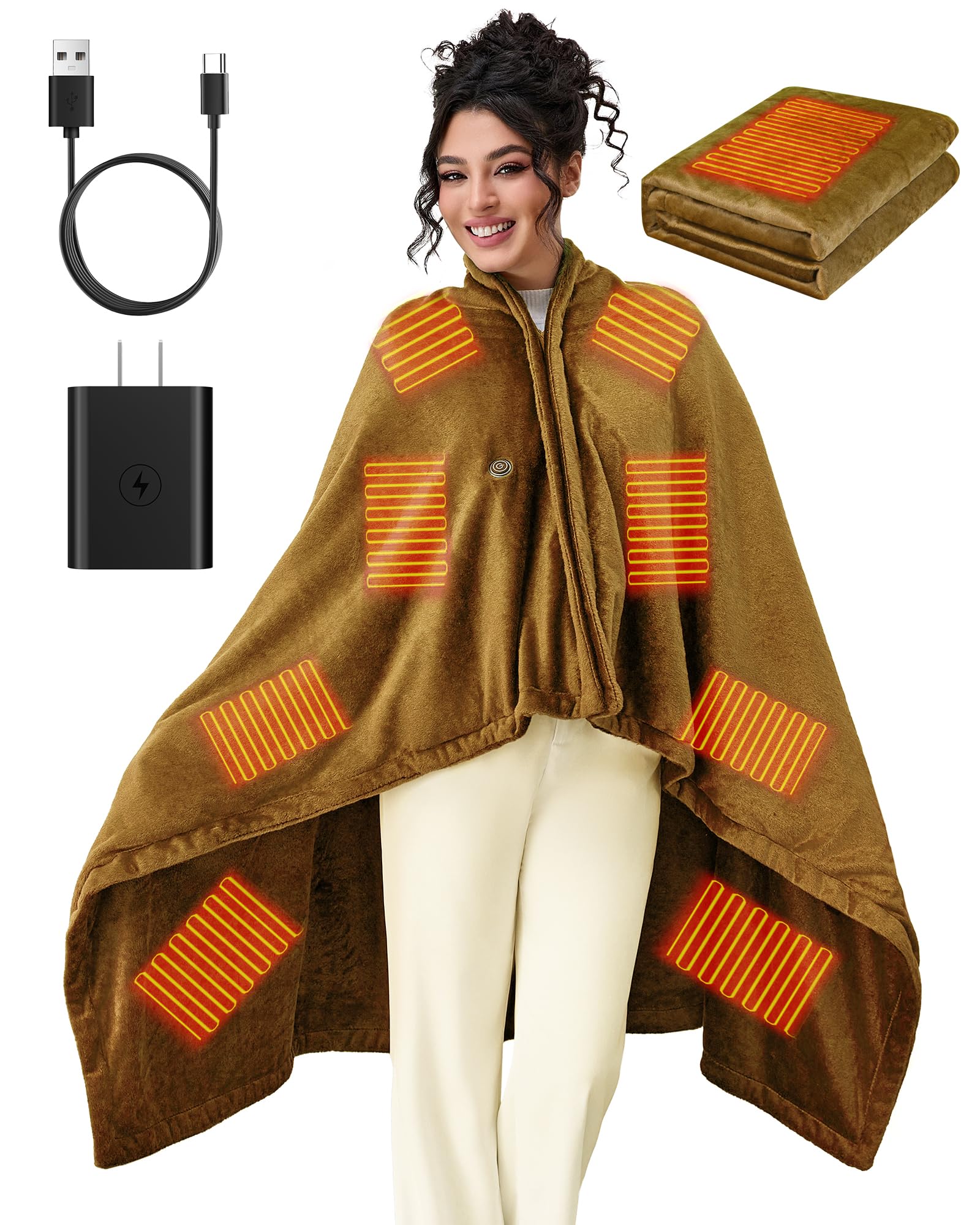 Photo 1 of Portable Cordless Heated Blanket, Wearable Electric Blanket with 3 Heating Levels, (Battery Not Included)?USB Heated Shawl (dark brown)