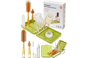 NORTHWAY ONESTORE Travel Bottle Cleaner kit, 6in1 Baby Toddler Travel Essential Silicone Bottle Brush Set, Nipple, Drying Rack, Straw, & Breast Pump Cleaning, Soap Dispenser & Organizer Case, Gift for Moms (Green)