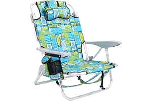 Canpsky Portable Beach Chair for Adults, Outdoor Lightweight Camping Chair Lay Flat Folding Backpack Beach Reclining Chair with 4 Positions, Headrest, Cooler Pouch, Cup Holder, Geometric Green