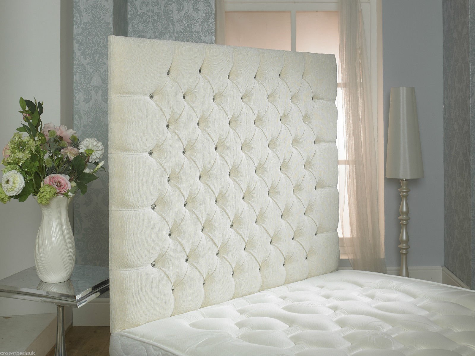 CROWNBEDSUK CHESTERFIELD WALL HEADBOARD CHENILLE IN 2ft6,3ft,4ft,4ft6,5ft,6ft Height 44'' MATCHING BUTTONS (4FT6 DOUBLE, Cream) โ image 1