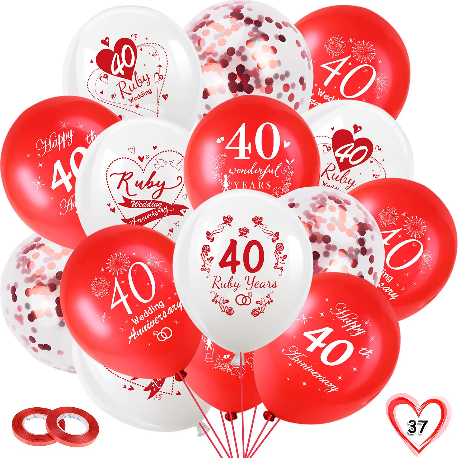 DPKOW 35pcs Balloons Ruby 40th Wedding Anniversary Decorations, Red White Latex Balloon Confetti Balloons for Couple 40th Wedding Anniversary Decorations Supplies