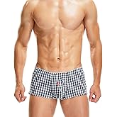 FEOYA Men's Sexy Low Rise Plaid Stripe Boxer Briefs Casual Sleep Lounge Bottoms Shorts Underwear