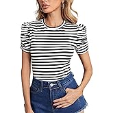 LilyCoco Striped Shirt Women Casual Summer Short Puff Sleeve Crew Neck Fitted Top