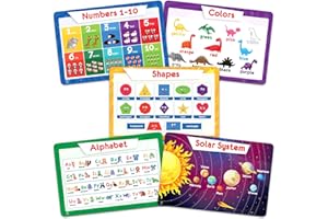 Simply Magic 5 Educational Placemats for Kids - Kids Placemats Non Slip, Washable Reusable Plastic Place Mats for Toddler, Alphabet ABC, Shapes, Colors, Numbers, Solar System Learning Place Mats