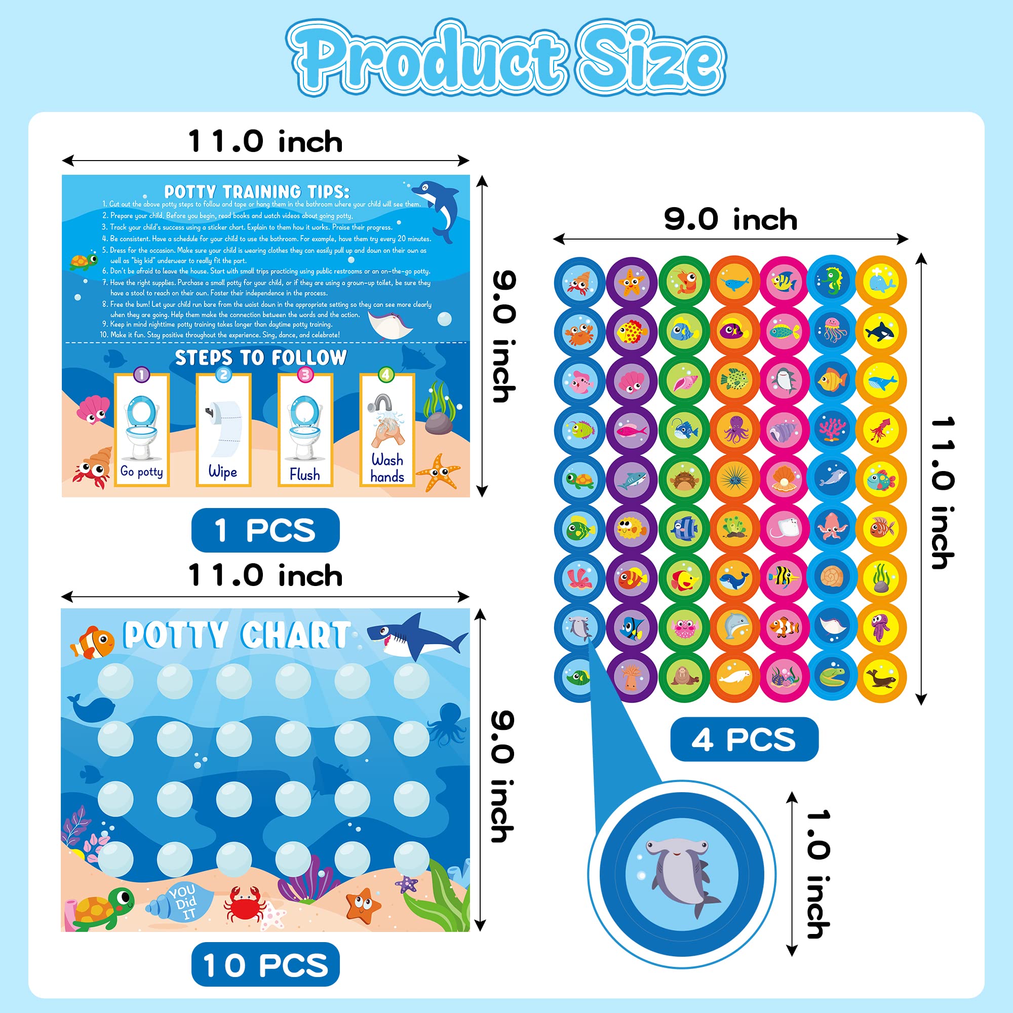 Zainpe 15Pcs Ocean Animals Potty Training Chart for Kids Sea Creatures Potty Chart with Shark Whale Stickers Marine Theme Toilet Training Reward Chart Develop Toileting Habit for Toddlers Boy Girl