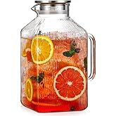 1 Gallon thickened Square Glass Pitcher with Lid, Classic Stripes Water Pitchers for Fridge, Borosilicate Glass Carafe for Hot/Cold Brew Drink, Extra Large Jug with Handle for Iced Tea, Coffee, Juice