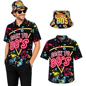 80s 90s Outfits Men,Hip Hop Costume Set Hawaiian Shirt and Bucket Hat 1980s 1990s Disco Party Suit