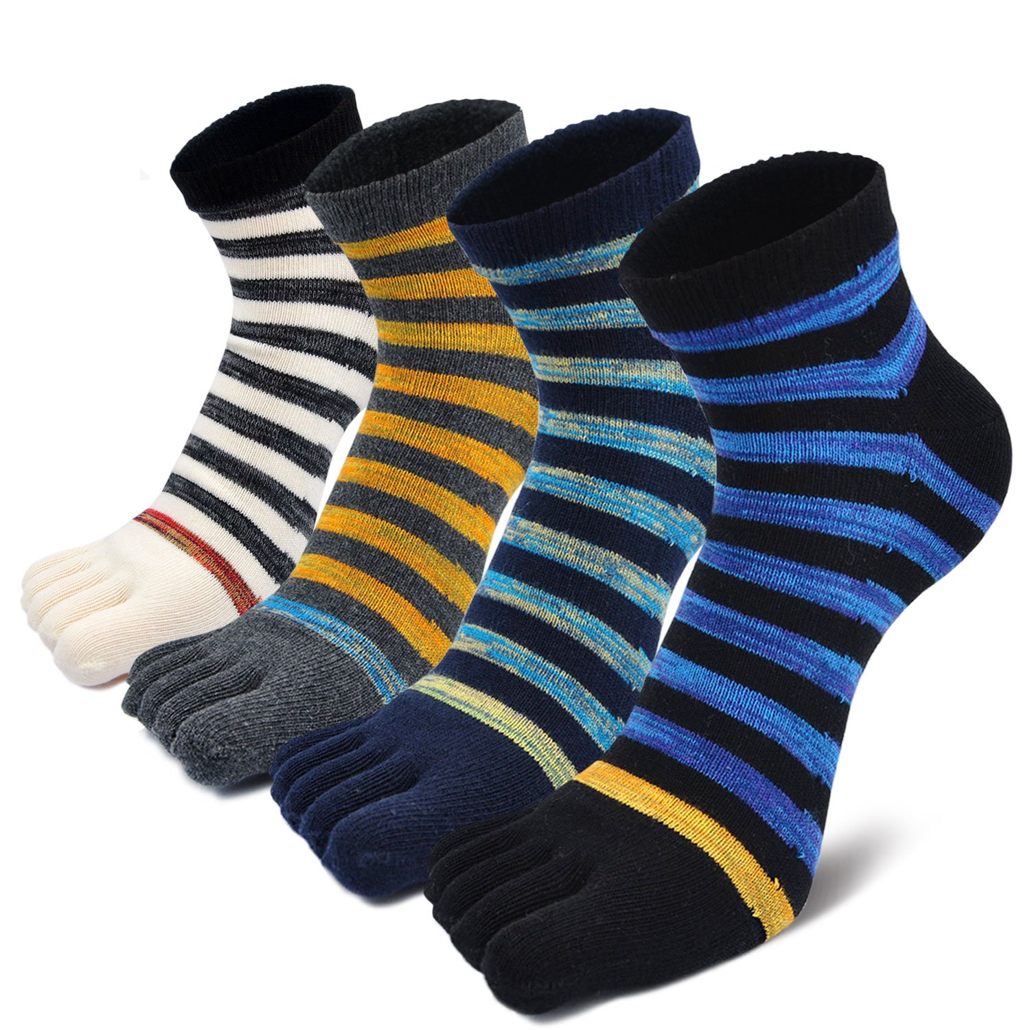 PUTUO Mens Running Toe Socks: Five Finger Socks Men Crew Sport Cotton Socks Stripe Pattern 4 Pairs