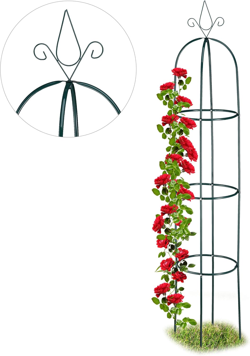Relaxdays, dunkelgrün Rankhilfe, rund, freistehend, Rosen, Tomaten, Wein, Garten, wetterfest, XL Rankobelisk, H: 200 cm