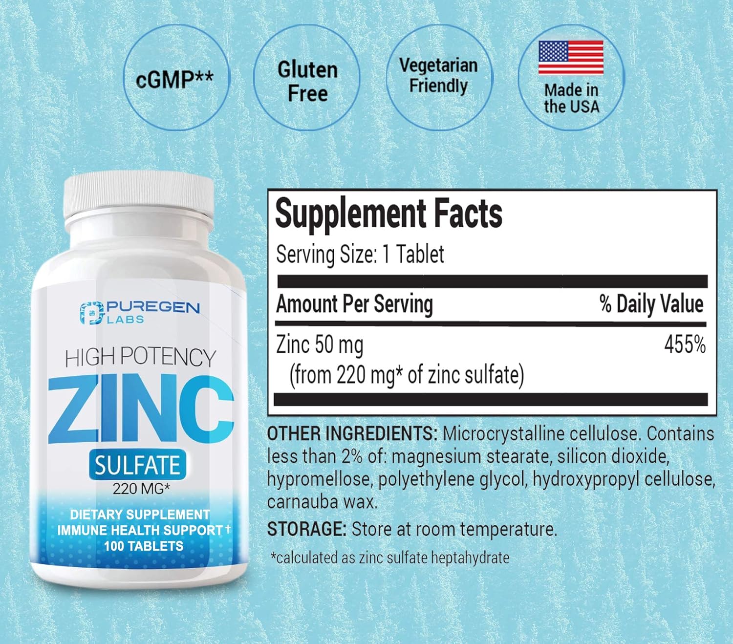 Zinc 220mg [High Potency] Supplement – Zinc Sulfate for Immune Support System 100 Tablets: Health & Personal Care