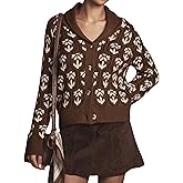 MINSURE Women Floral Cropped Cardigan Sweaters Shawl Collar Long Sleeve Button Down Knit Jacket Flower Print Knitwear(Brown-S)
