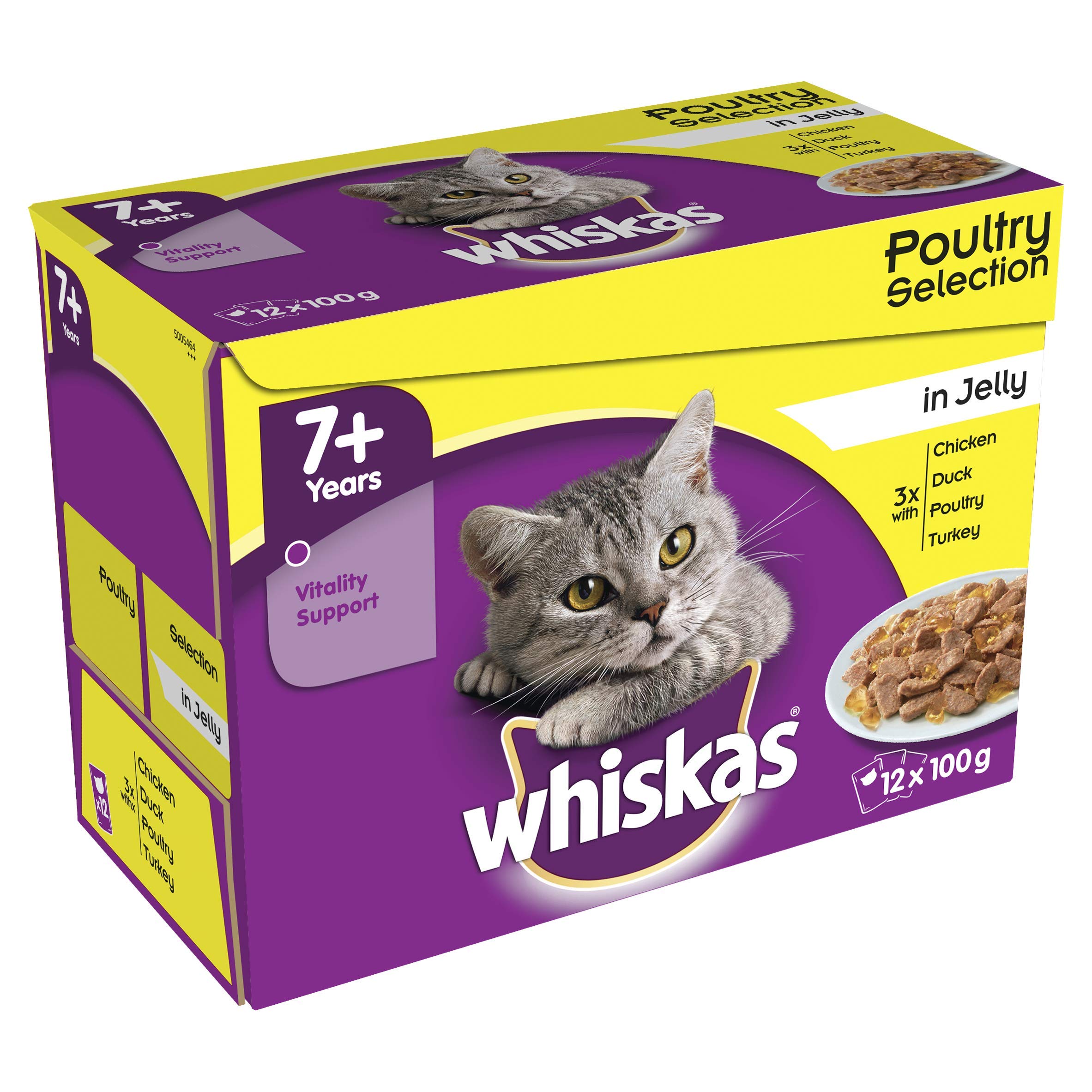 Whiskas 7+ - Wet Cat Food for Senior Cats - Poultry Selection in Jelly - 12 x 100 g