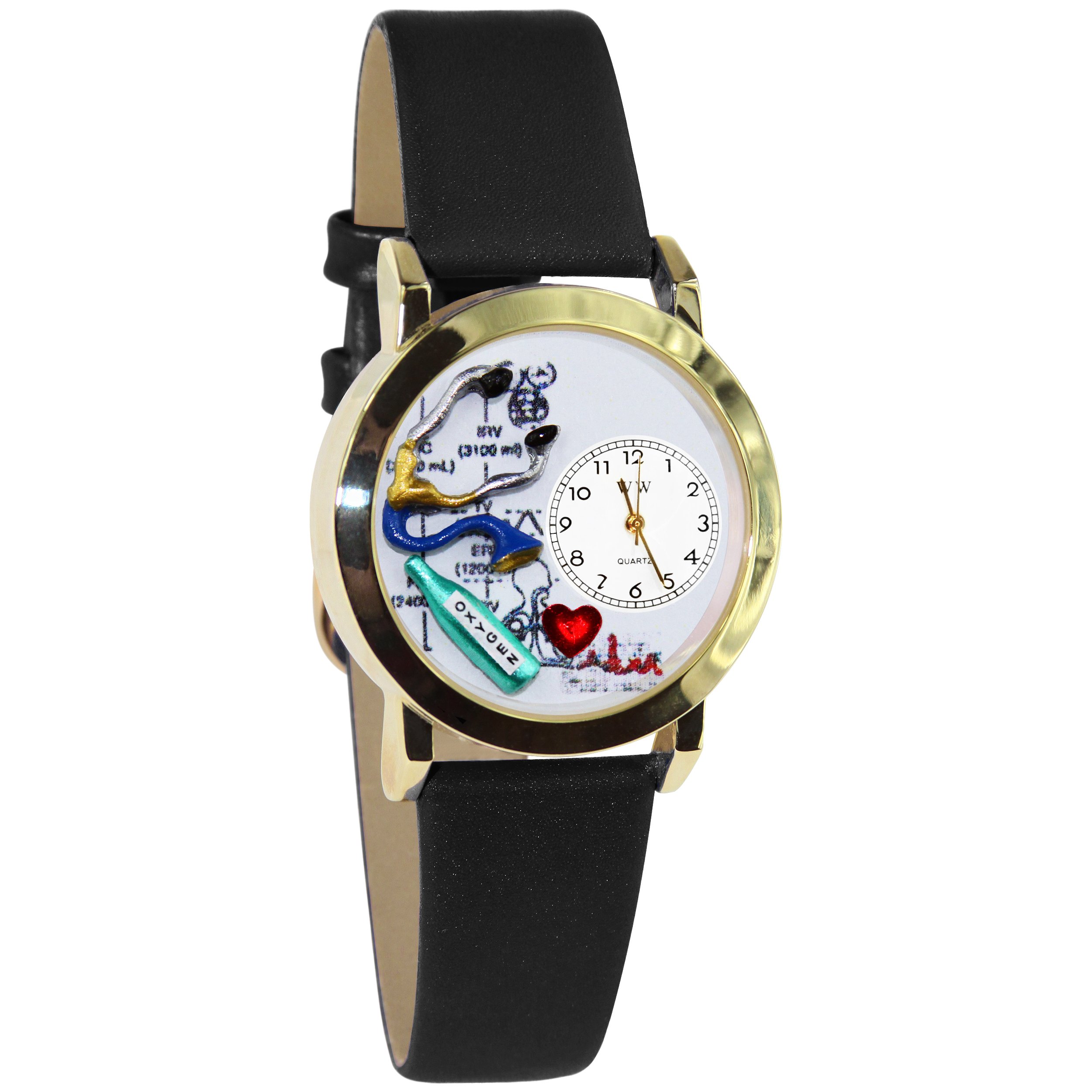 Whimsical Watches Respiratory Therapist Black Leather and Goldtone Unisex Quartz Watch with White Dial Analogue Display and Multicolour Leather Strap C-0610018