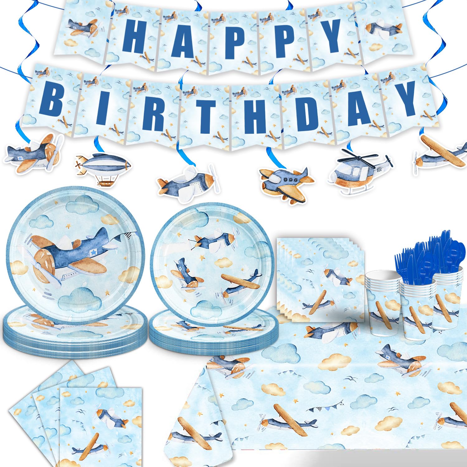 Photo 1 of 148Pcs Airplane Birthday Party Decorations Include Airplane Plates-Paper Cups-Napkins-Forks-Knives-Tablecloth-Banner-Single Spirals with Cards for Airplane Baby Shower Decorations