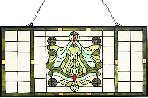 RIVER OF GOODS 26" H Stained Glass Window Hanging - Colorful Glass Panel and Window Suncatcher - Decorative Glass Wall Decor - Victorian - Green