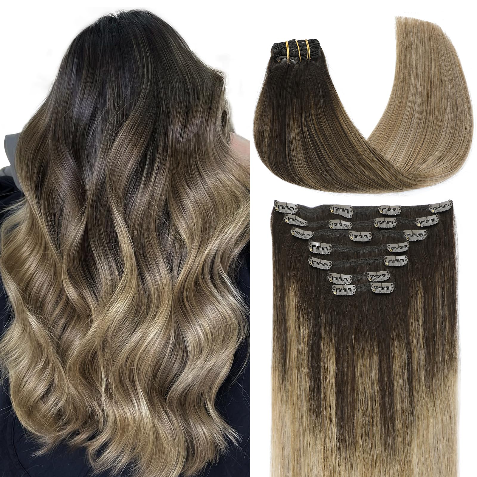 VINBAO Clip in Human Hair Extensions 16inch 140g 7pcs Clip in Hair Extensions Dark Brown To Chestnut Brown Highlight Ash Blonde Hair Extensions Real Human Hair Double Weft (#7C2/6/18, 16'')