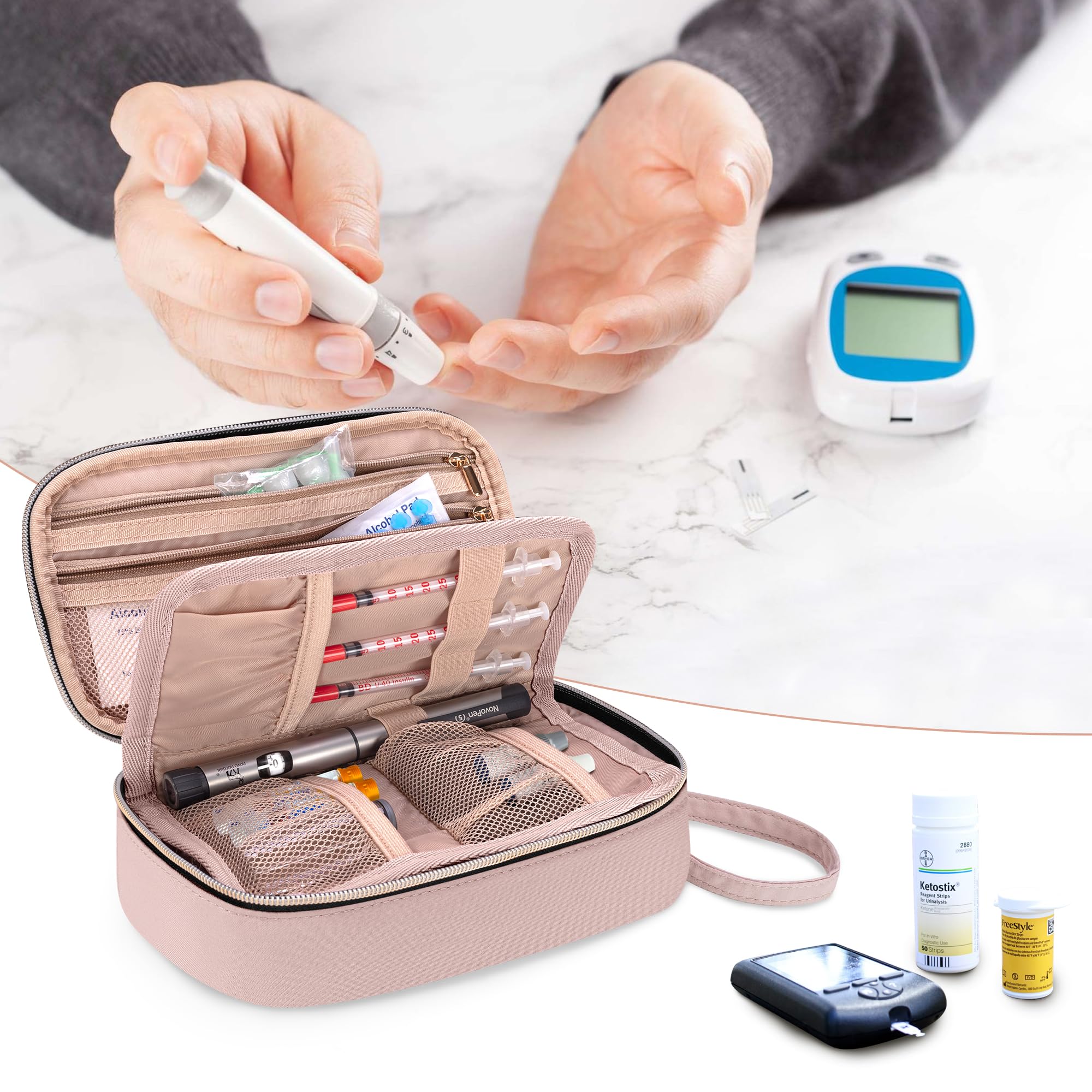 YARWO Diabetic Travel Case for Blood Glucose Monitor, Test Strips, Insulin Syringes, Diabetes Supplies Storage Bag with 2 Detachable and 1 Folding Pouches for Diabetic Care Kits, Dusty Rose (Bag Only)
