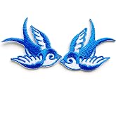 TH Set of 2 Tiny. Mini Cool Blue White Little Bird Tattoo Swallow Dove Sparrow Jacket T-Shirt Sew Iron on Embroidered Applique Badge Sign Patch Clothing