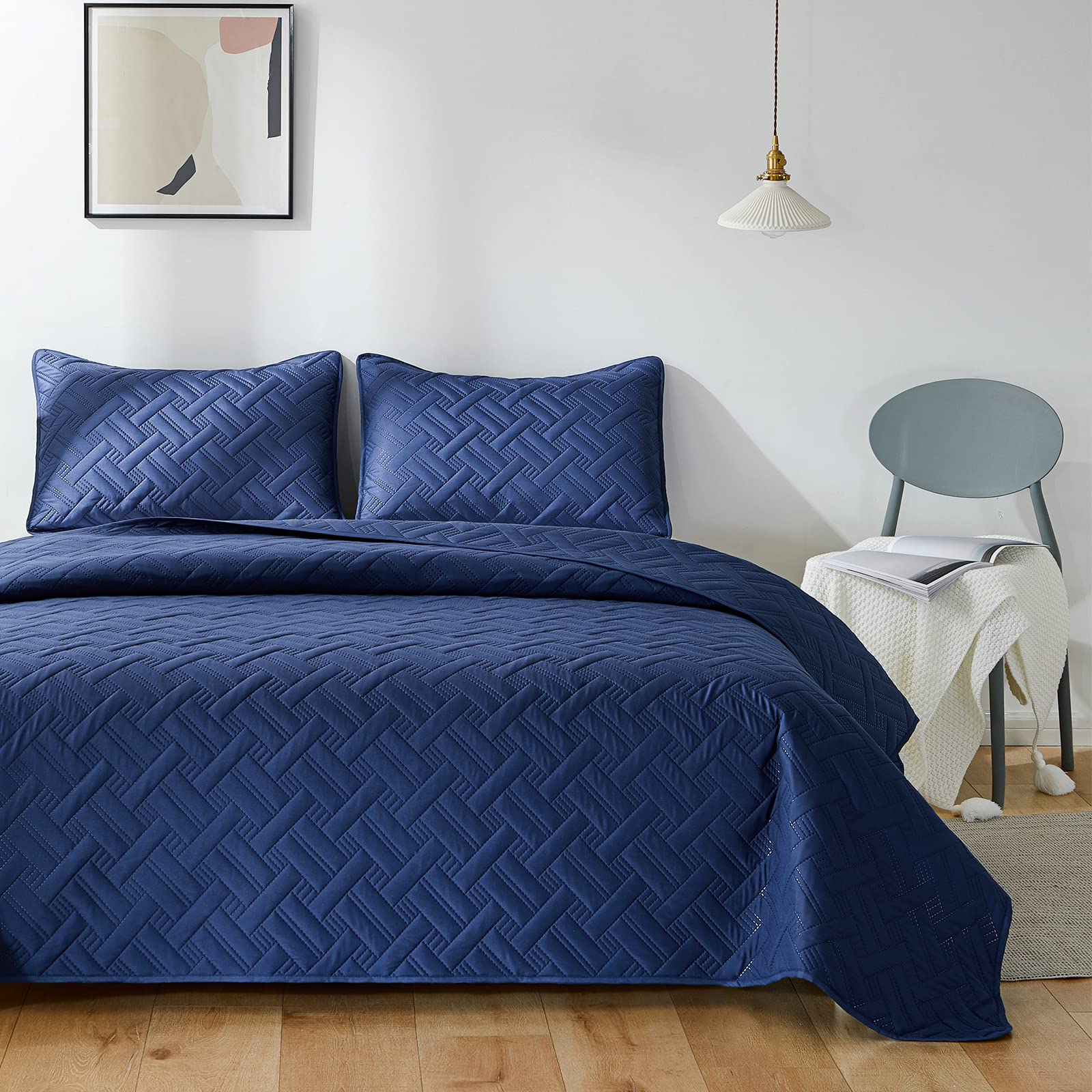 beeweed Quilt Set Double Size 3 Pieces, Lightweight Microfiber Basket Pattern Bedspreads for All Season, Navy Blue Soft Summer Coverlet Set with 2 Pillow Shams (Double 220x240 CM)